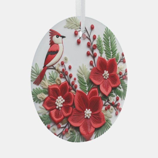 3D Geborduurde Kardinale Kerstversieringen Glas Ornament (Voorkant Rechts)