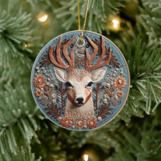 3D Geborduurde look Herten Buck Landschap Keramisch Ornament (Boom)