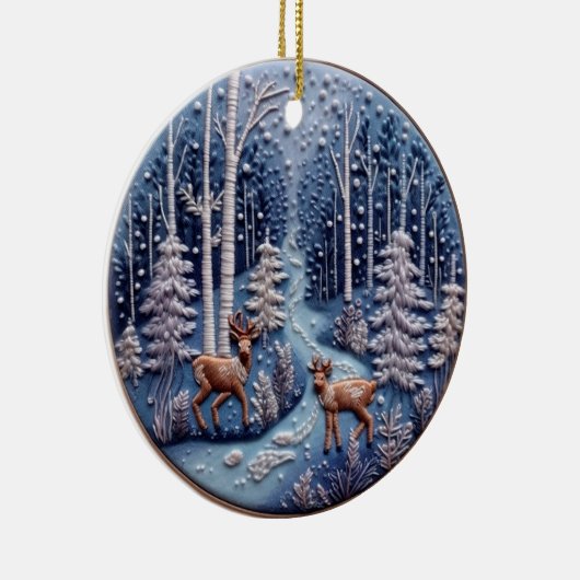 3D geborduurde look herten winterbos landschap Keramisch Ornament (Rechts)
