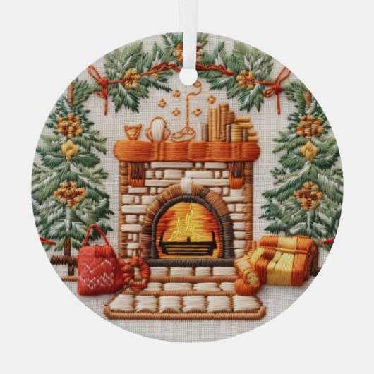 3D Geborduurde open haard Kerstversieringen Glas Ornament (Achterkant)