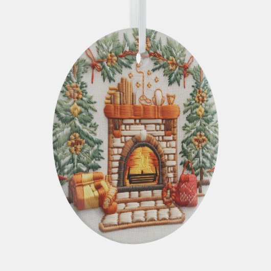 3D Geborduurde open haard Kerstversieringen Glas Ornament (Voorkant Rechts)
