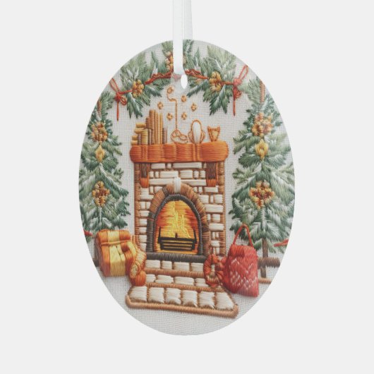 3D Geborduurde open haard Kerstversieringen Glas Ornament (Voorkant links)