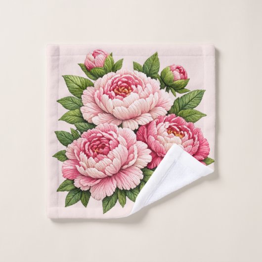 3D Geborduurde Pioen Illustratie Washandje (Wasdoekje)