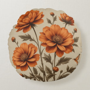 3D gebrande oranje bloemetjes op beige achtergrond Rond Kussen