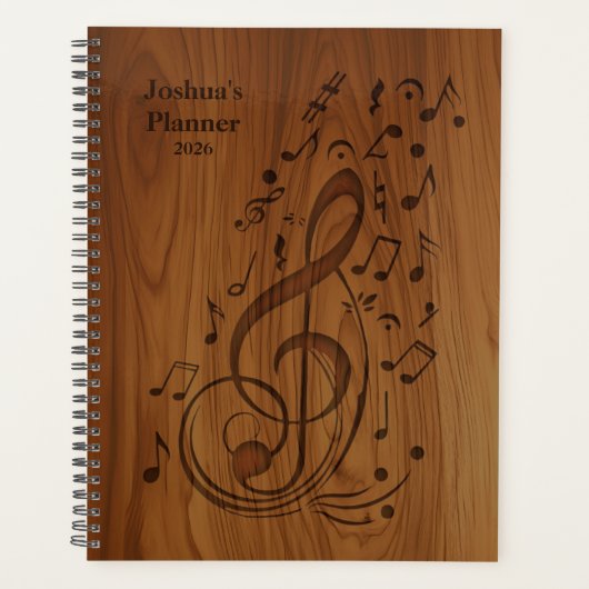 3D gegraveerde Clef muzieknoten op hout Planner (Voorkant)