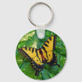 3D gele vlinder op groene blad regendruppels Sleutelhanger (Voorkant)