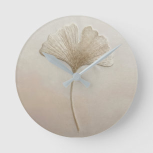 3D Gestructureerde Borduurwerk Ginkgo Blad Beige C Ronde Klok