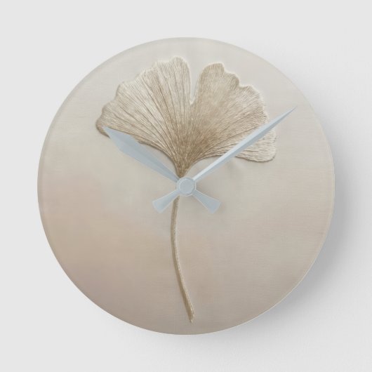 3D Gestructureerde Borduurwerk Ginkgo Blad Beige C Ronde Klok (Voorkant)
