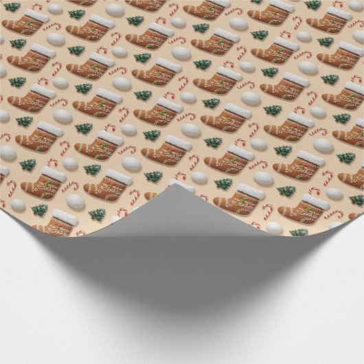 3D Gingerbread Christmas Stocking & Candy Cane Pat Cadeaupapier (Hoek)