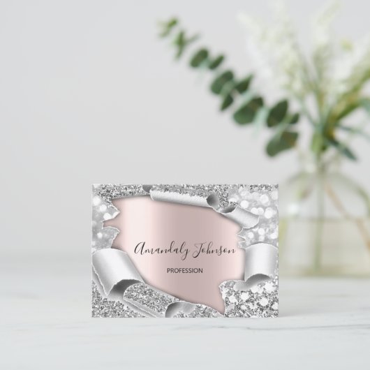 3D Glitter Makeup Event Hairdresser ROOS Silver Visitekaartje (Staand voorkant)