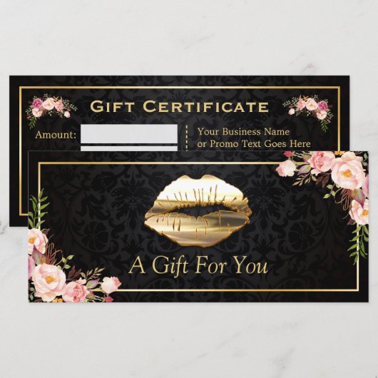 3D Gold Lips Beauty Salon Floral Gift Certificate (Voorkant / Achterkant)