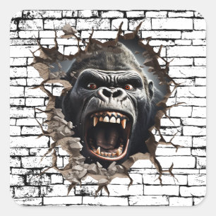 3D Gorilla Muurbreek Kunst – Realistisch Safari Vierkante Sticker