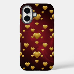 3D Gouden Hartjes Dieprode Luxe iPhone 16 Hoesje