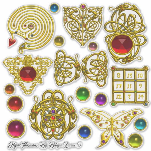 3D GOUDEN KELTISCHE KNOPEN, HART, DRAKEN, KLEURRIJ STICKER (Voorkant)