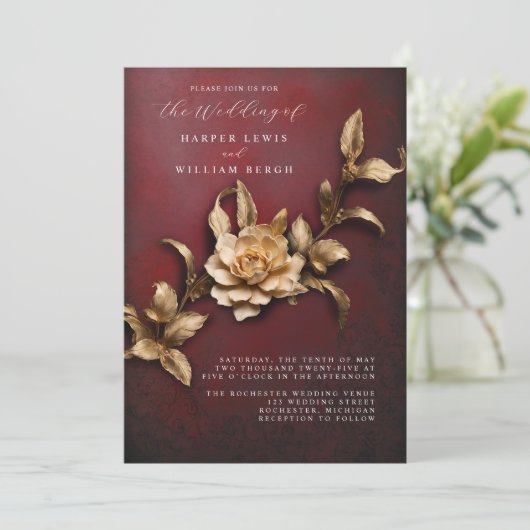  3D gouden loof QR code bruiloft Kaart (Staand voorkant)