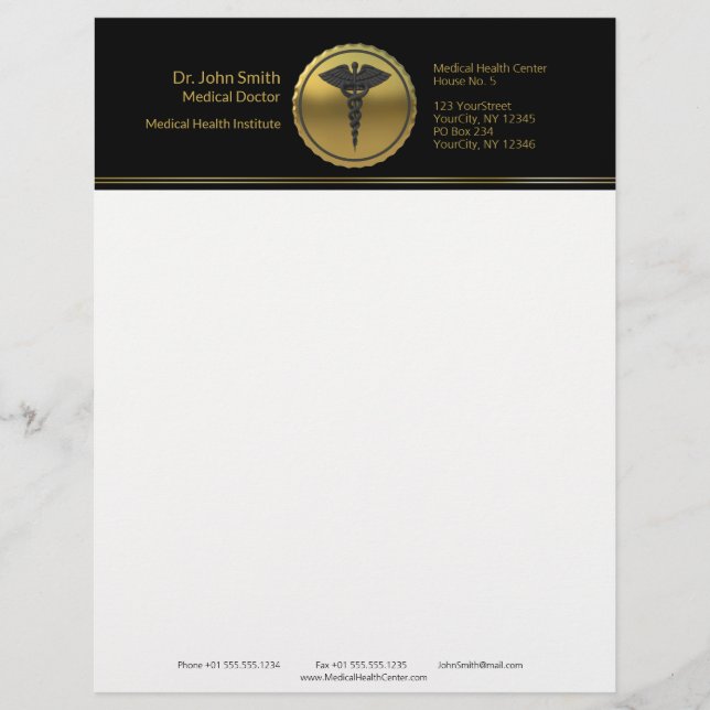 3D Gouden Medisch Professioneel Caduceus Embleem Briefhoofd (Voorkant)