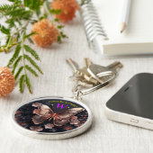 3D gouden vlinders Elegant Paarse Custom Monogram Sleutelhanger (Zijkant)