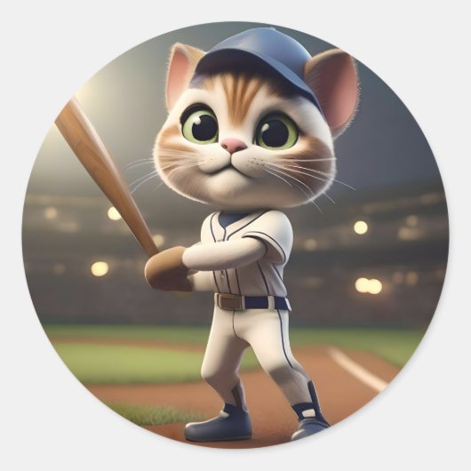 3D grappige honkbal kat, Ronde Sticker (Voorkant)