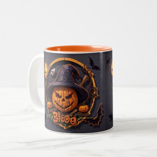 3D Halloween Scène met pompoen, schedel, heks, boe Tweekleurige Koffiemok (Voorkant links)