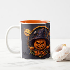 3D Halloween Scène met pompoen, schedel, heks, boe Tweekleurige Koffiemok