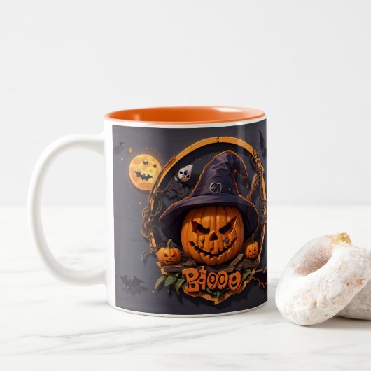 3D Halloween Scène met pompoen, schedel, heks, boe Tweekleurige Koffiemok (Met donut)