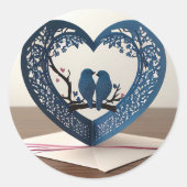 3D hartvormig Wenskaart met vogels Ronde Sticker (Voorkant)