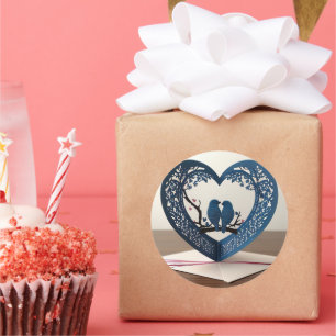 3D hartvormig Wenskaart met vogels Ronde Sticker