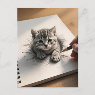 3D-illusie tekening van een tabby poes met potlood Briefkaart