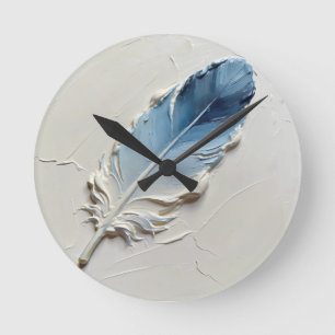 3D Impasto Textuur Blauwe Veer Elegant Modern Ronde Klok