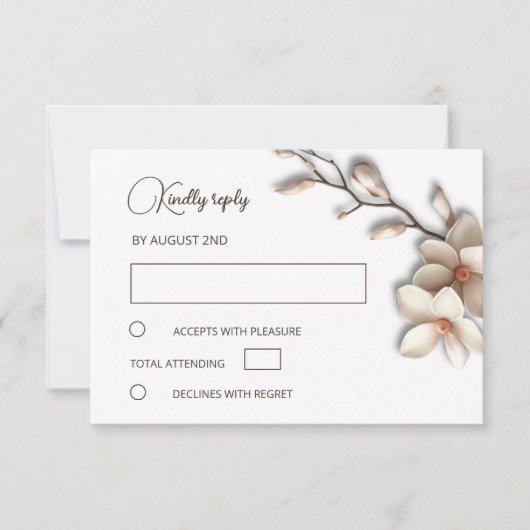 3D Ivoren Magnolia Eenvoudige Trouwkaart RSVP Kaartje (Voorkant)