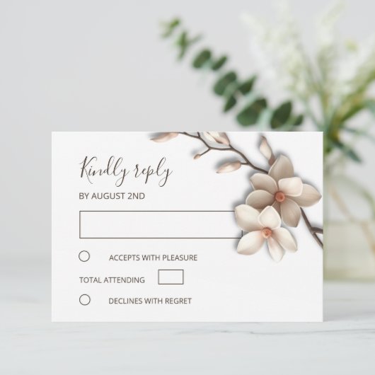 3D Ivory Magnolia Simple Wedding RSVP Kaartje (Staand voorkant)
