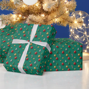 3D-kerstboom, ornamenten en suikerstok, groen Cadeaupapier