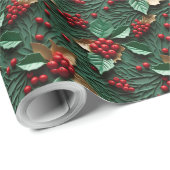 3D Kerstgenot - Holly Leaves & Berries Cadeaupapier (Rol Hoek)