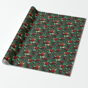 3D Kerstgenot - Holly Leaves & Berries Cadeaupapier