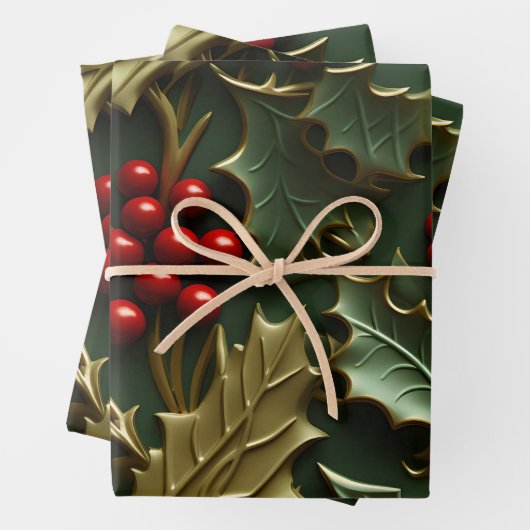 3D Kerstgenot - Holly Leaves & Berries Inpakpapier Vel (In situ)