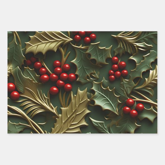 3D Kerstgenot - Holly Leaves & Berries Inpakpapier Vel (Voorkant)