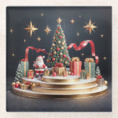 3D kerstpodium met kerstman en kerstboom Glazen Onderzetter (Voorkant)
