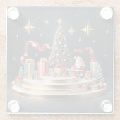 3D kerstpodium met kerstman en kerstboom Glazen Onderzetter (Achterkant)