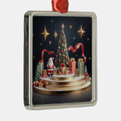 3D kerstpodium met kerstman en kerstboom Metalen Ornament (Rechts)