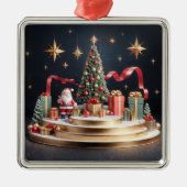 3D kerstpodium met kerstman en kerstboom Metalen Ornament (Voorkant)