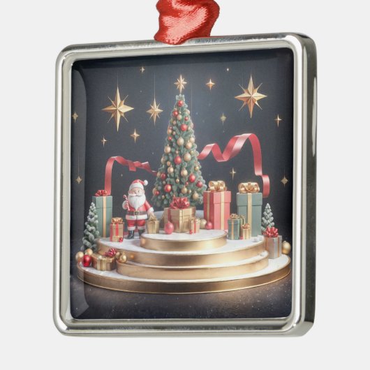 3D kerstpodium met kerstman en kerstboom Metalen Ornament (Links)