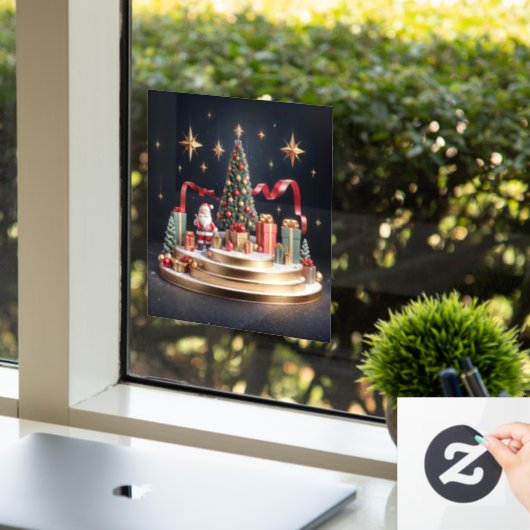 3D kerstpodium met kerstman en kerstboom Raamsticker (Kantoor)