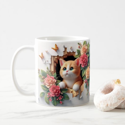 3D Kitten Hole in een Wand Bloemen Mok (Met donut)