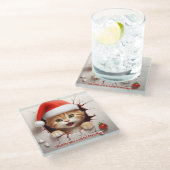 3D Kitten Kerstmis Glazen Onderzetter (Schuin)