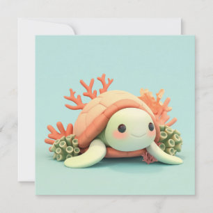 3D Klei Zeeschildpad in Oranje Koraalrif Kaartkaar