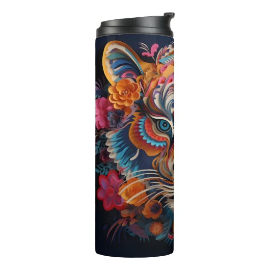 3D Kleurrijke Tiger & Bloemen Ontwerp Thermosbeker (Gedraaid links)