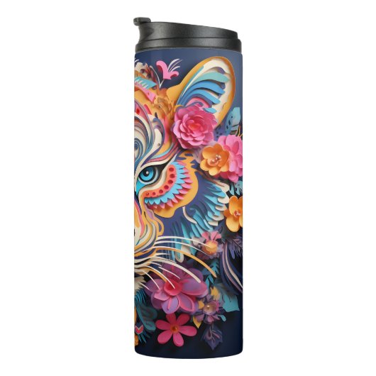 3D Kleurrijke Tiger & Bloemen Ontwerp Thermosbeker (Geroteerd rechts)
