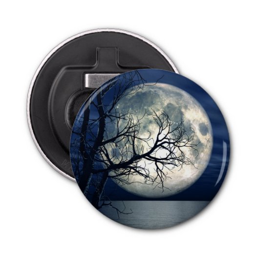 3D Landschapsachtergrond met maan over het Zee Button Flesopener (Voorkant)