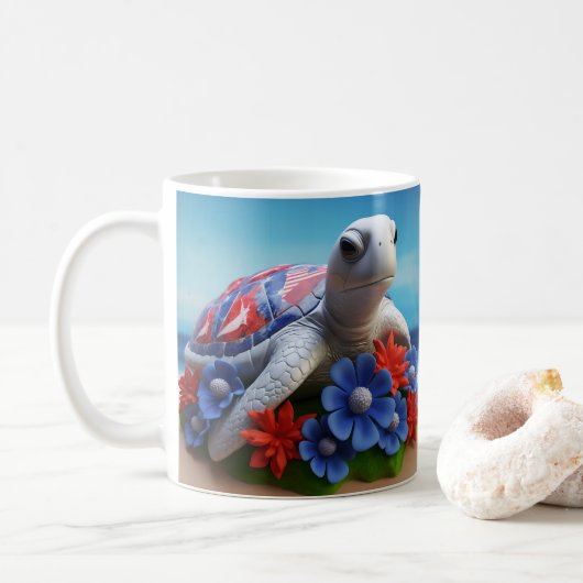 3D Look Gedrukt Zee Schildpad Strand Oceaan Koffiemok (Met donut)