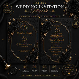 3D Luxe Zwart Gouden Trouwuitnodiging Template Kaart